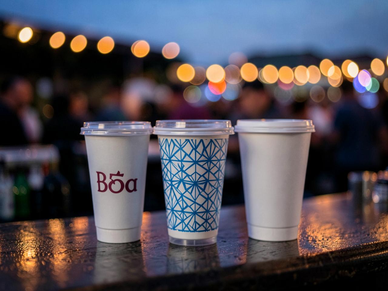 Mehrwegbecher mit individuellem Druck und neutrale Ausführung auf einer Bartheke